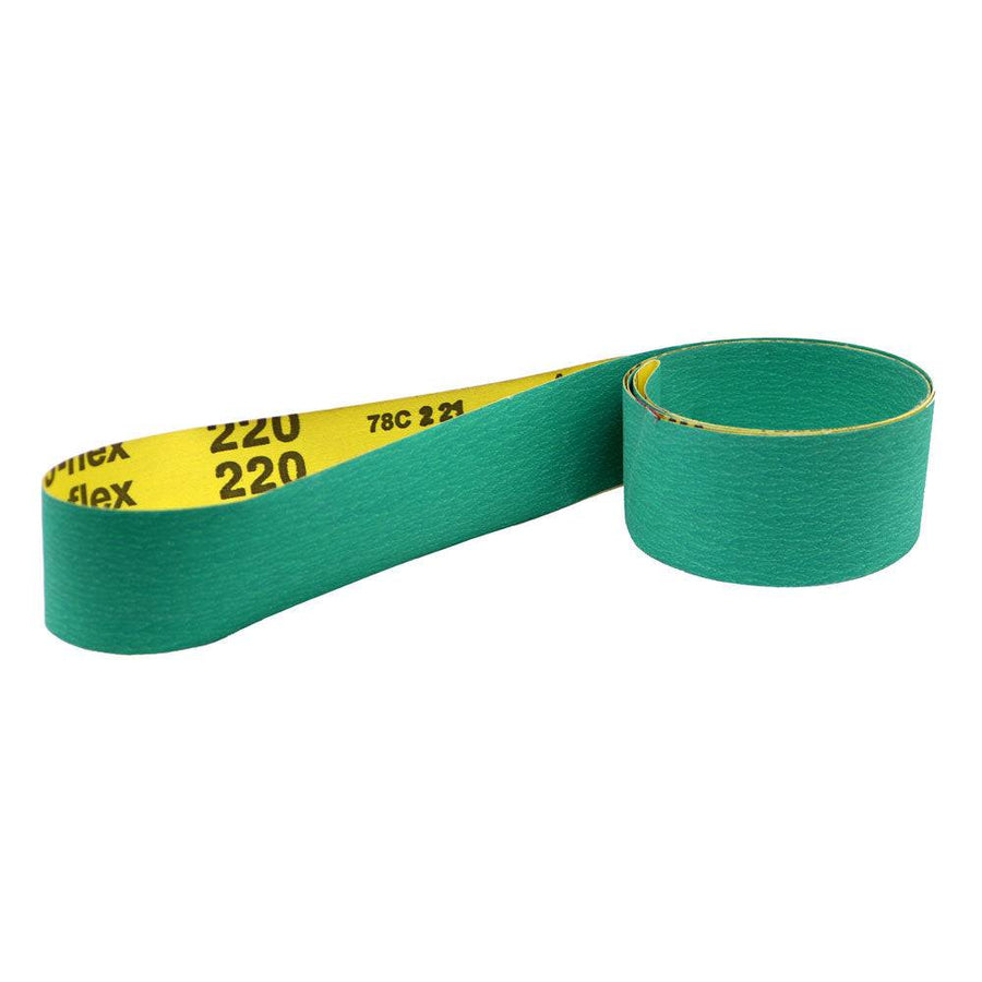 Green Ceramic J-Flex 2 x 72 belt with flexible backing for slack-belt contour work